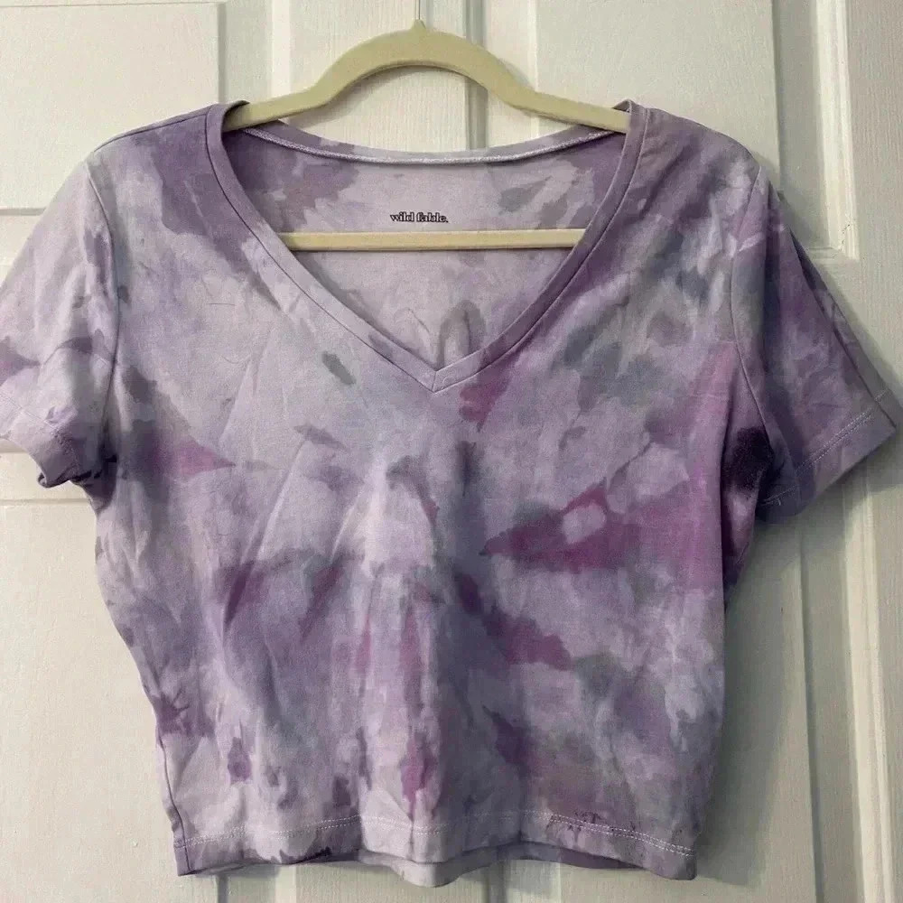 Wild Fable tie dye cropped v neck t shirt white purple faded look size L - Picture 1 of 5